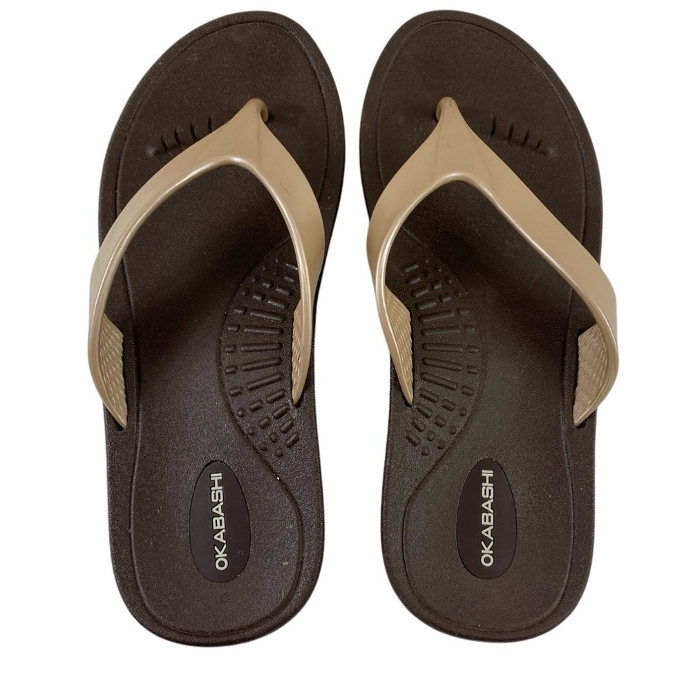 Okabashi‎ Marina Women’s Open Toe Synthetic Brown Gold Thong Sandals (M/L)